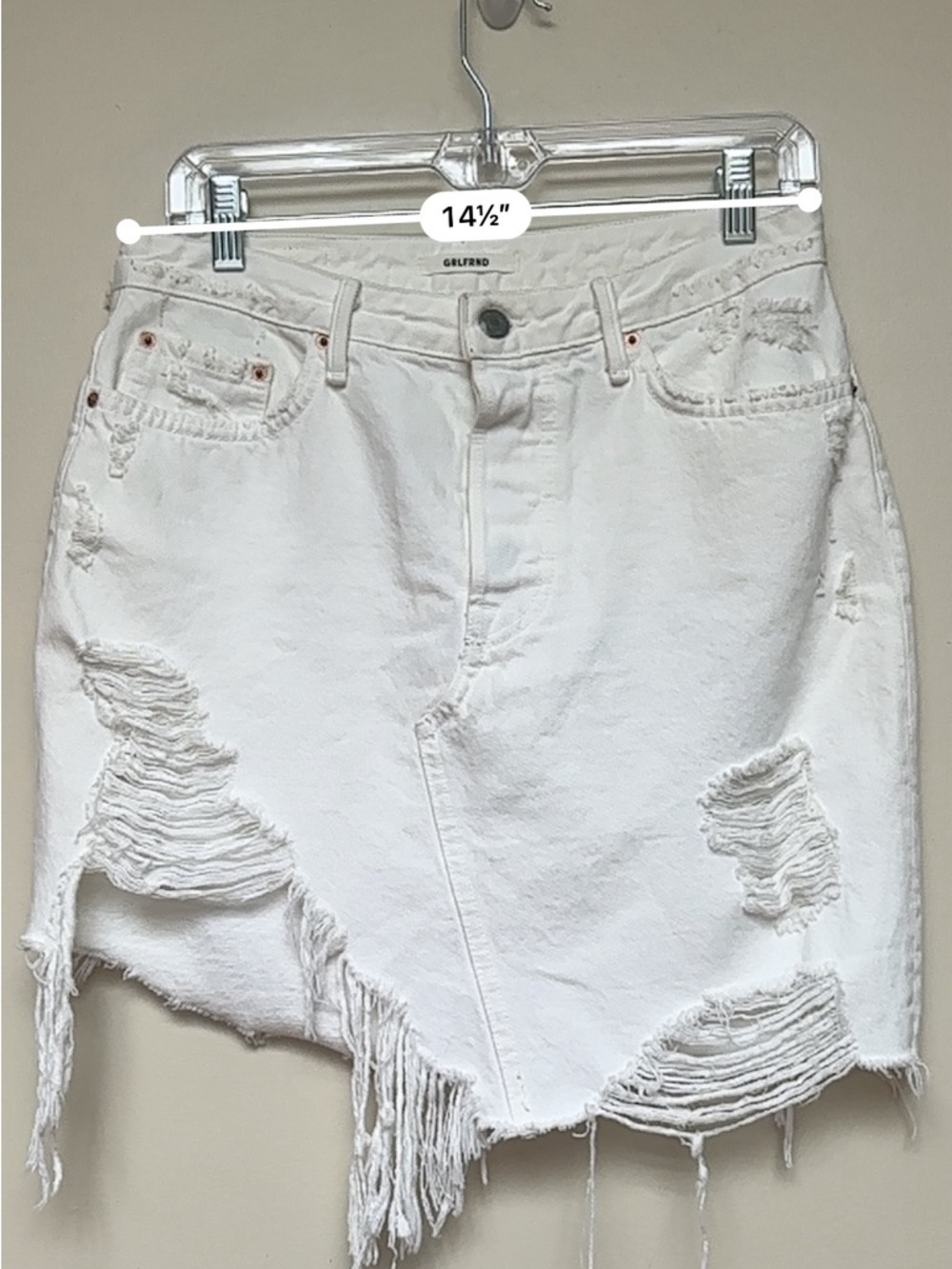 GRLFRND Rhoda Asymmetrical Distressed Denim Mini Skirt White Size 29 Revolve NWT - Picture 10 of 13